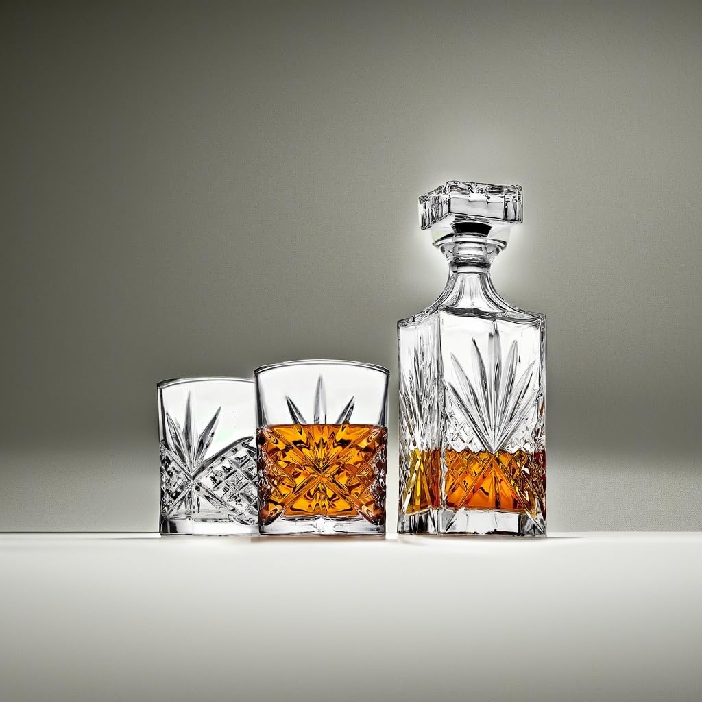 Lefonte decanter and glass mid-pour illustrating easy pouring and attractive presentation
