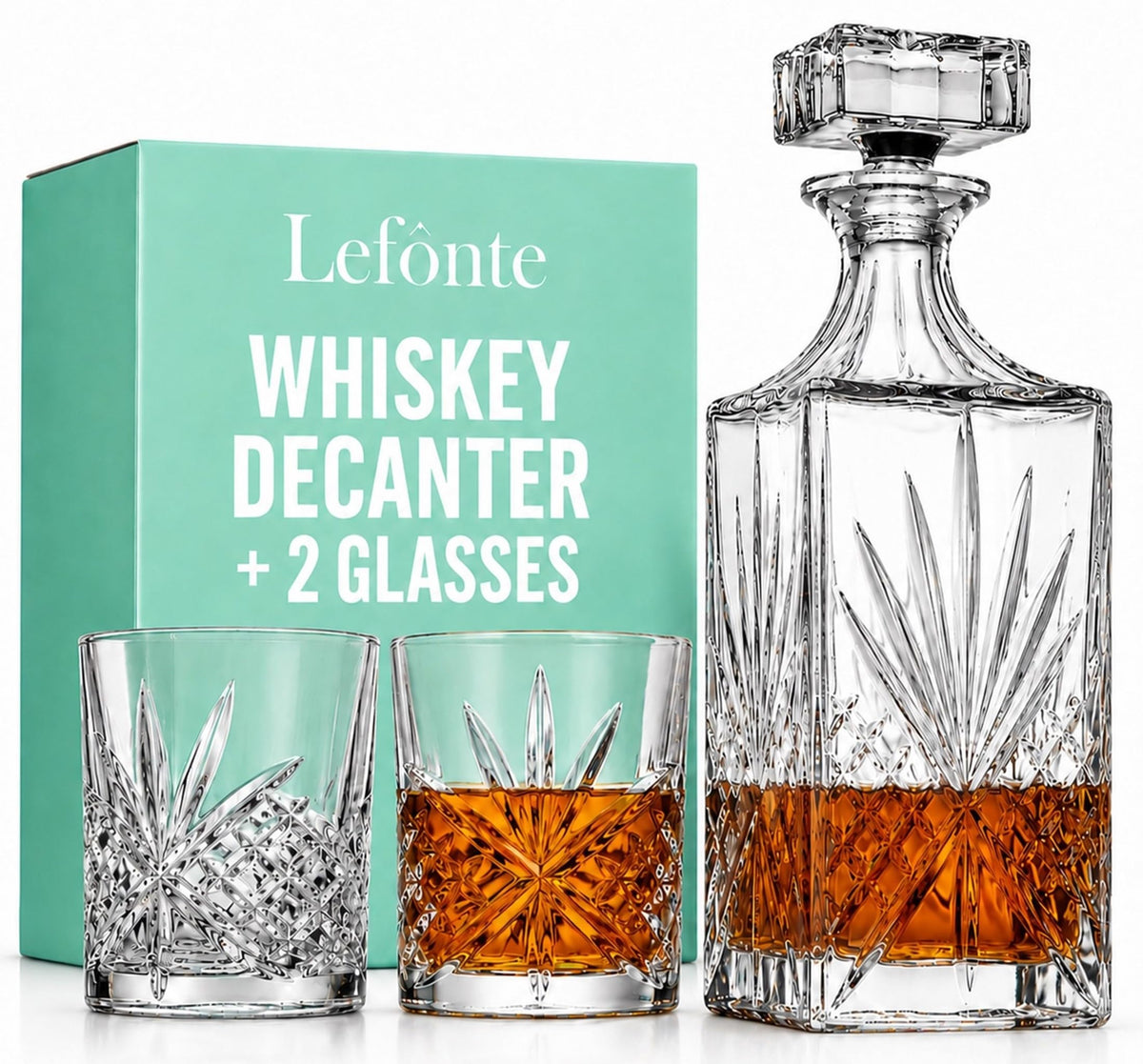 Lefonte Irish-cut decanter front view showing elegant faceted design and visual appeal