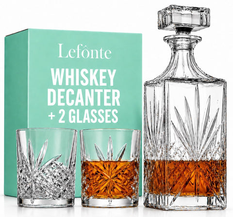 Lefonte Irish-cut decanter front view showing elegant faceted design and visual appeal