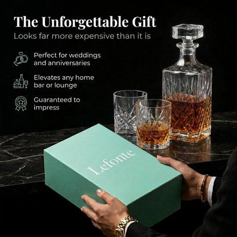 Lefonte decanter label and stopper detail emphasizing secure fit and polished finish