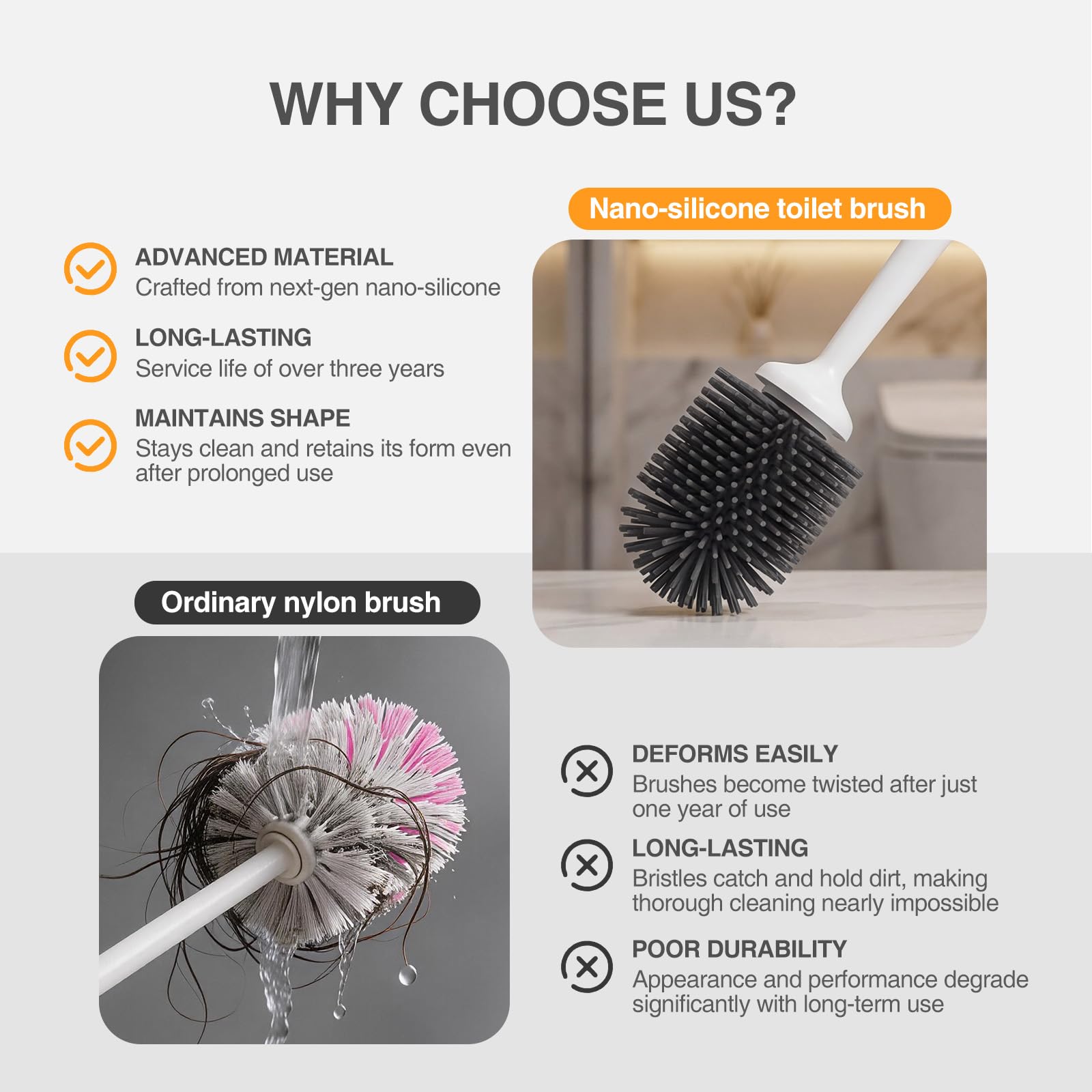 Lefree freestanding brush beside toilet showing flexible placement benefit