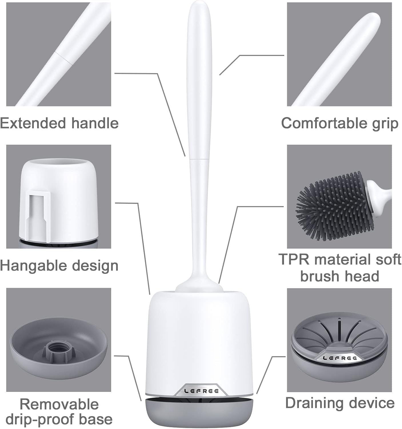 Lefree ergonomic handle detail showing comfortable grip for controlled scrubbing and less hand fatigue