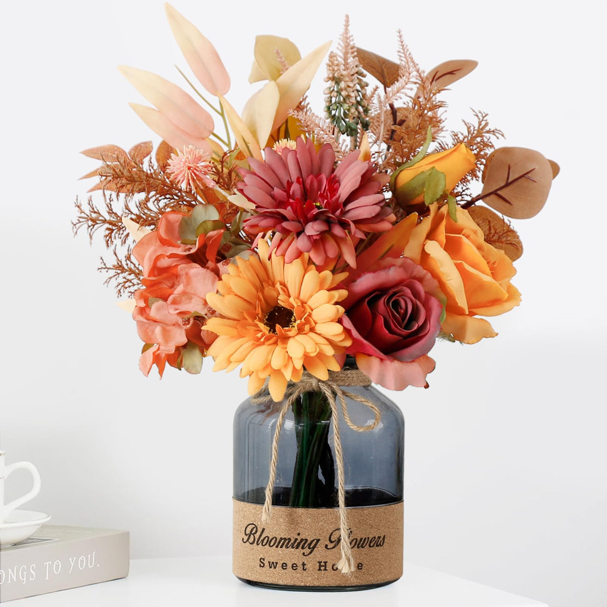 LEFTOVER front view of vase centerpiece showing autumn colors and instant styling benefit