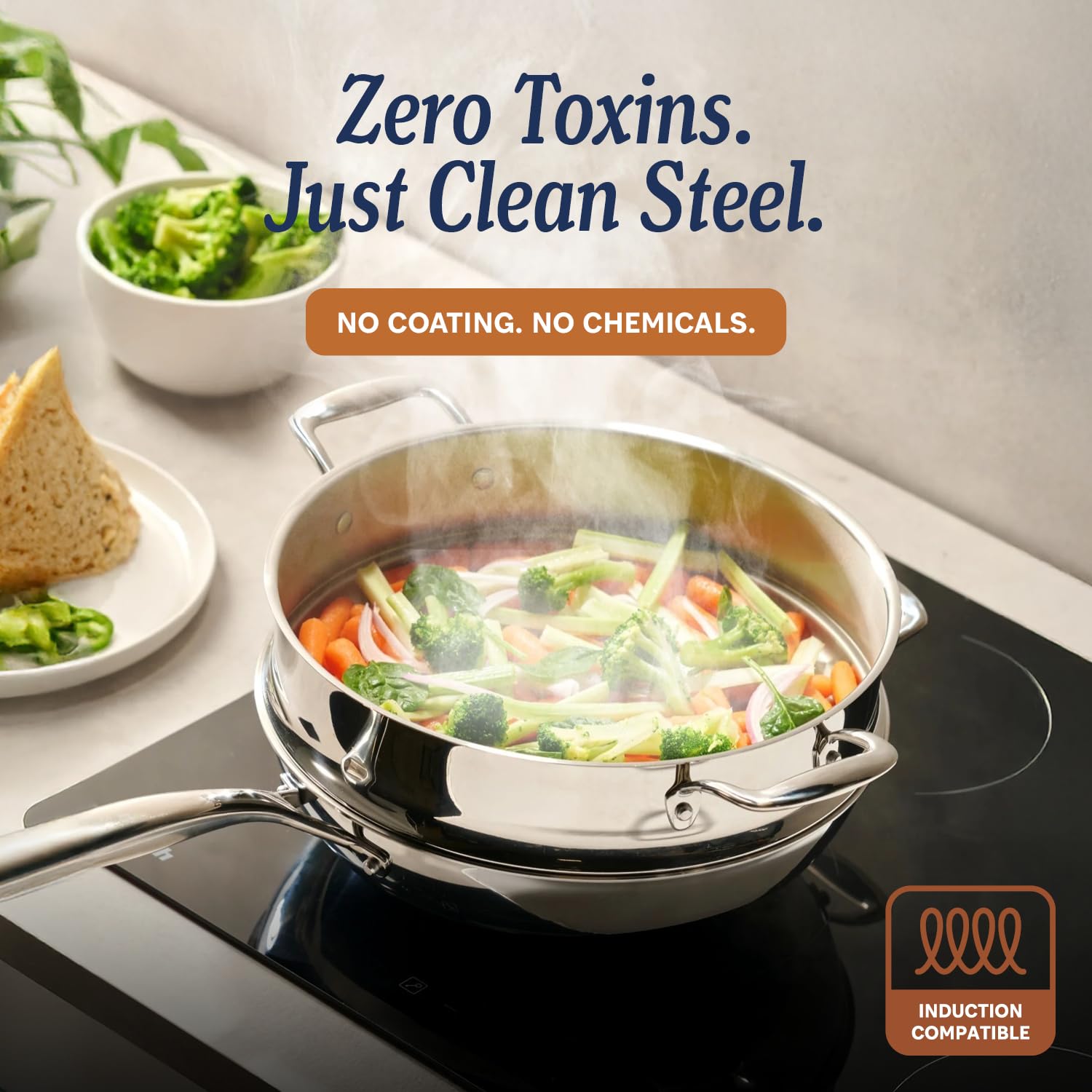 LEGEND COOKWARE close-up of 5-ply edge demonstrating even heat distribution benefit