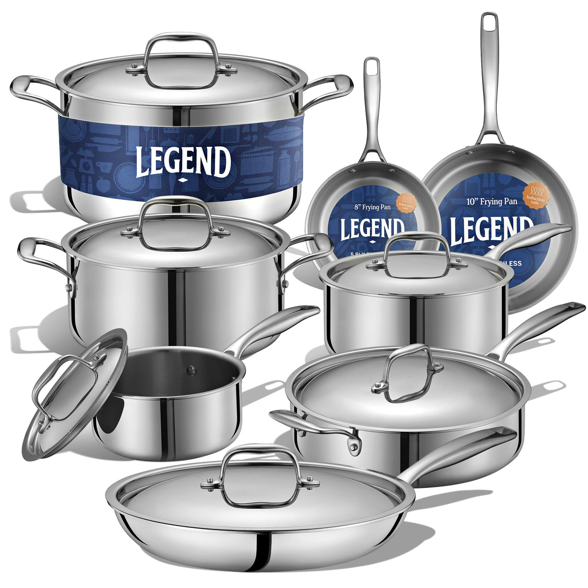LEGEND COOKWARE front view of full 14-piece set showing professional finish and reliability