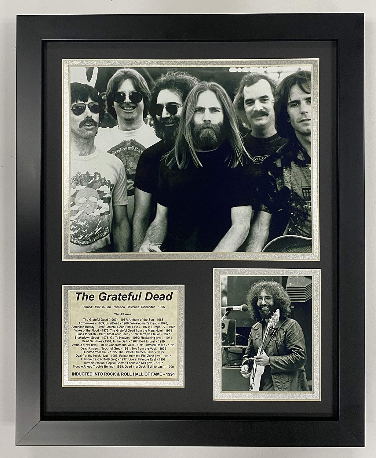 Legends Never Die framed front view showing Grateful Dead collage and ready-to-hang benefit