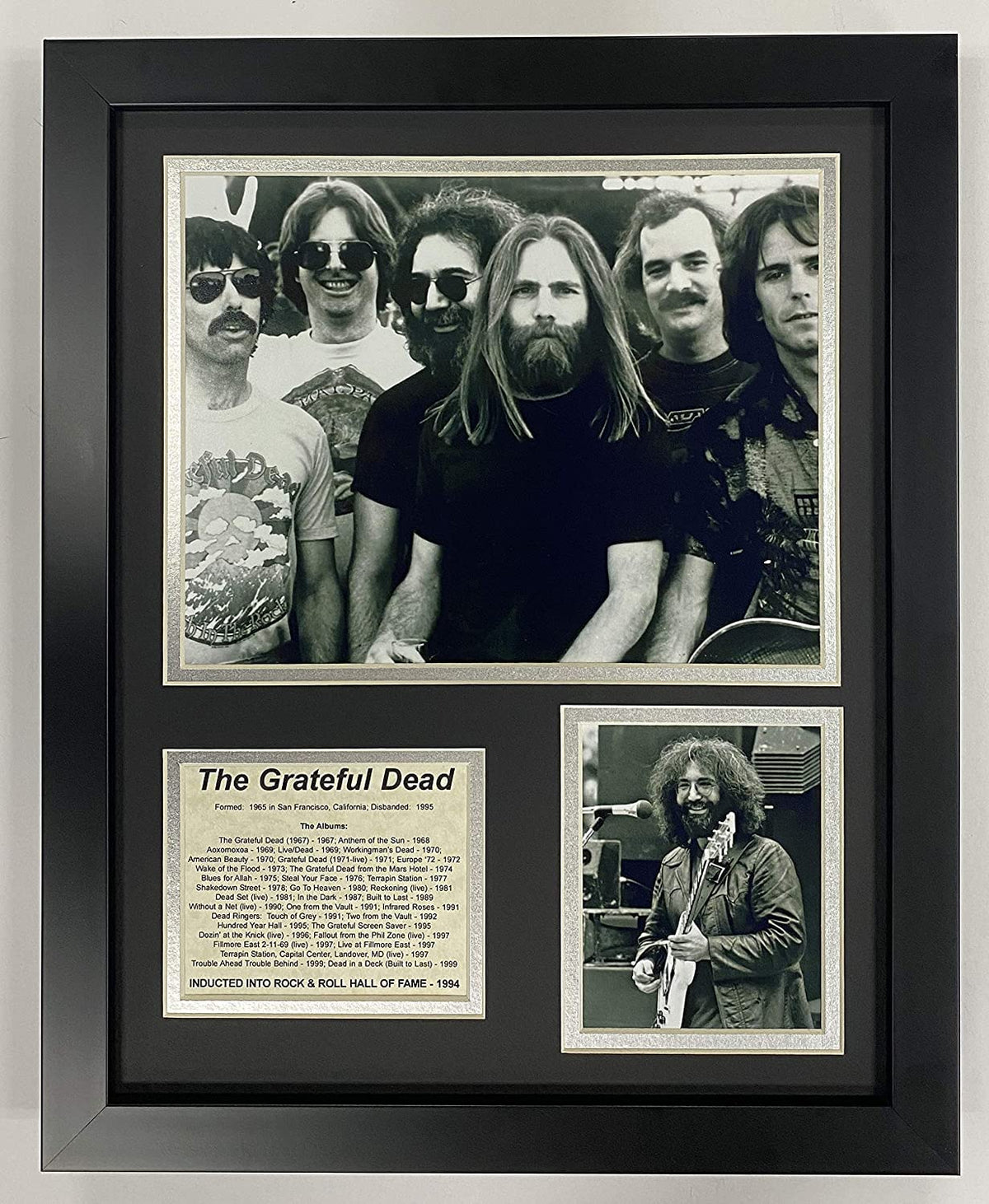Legends Never Die framed front view showing Grateful Dead collage and ready-to-hang benefit
