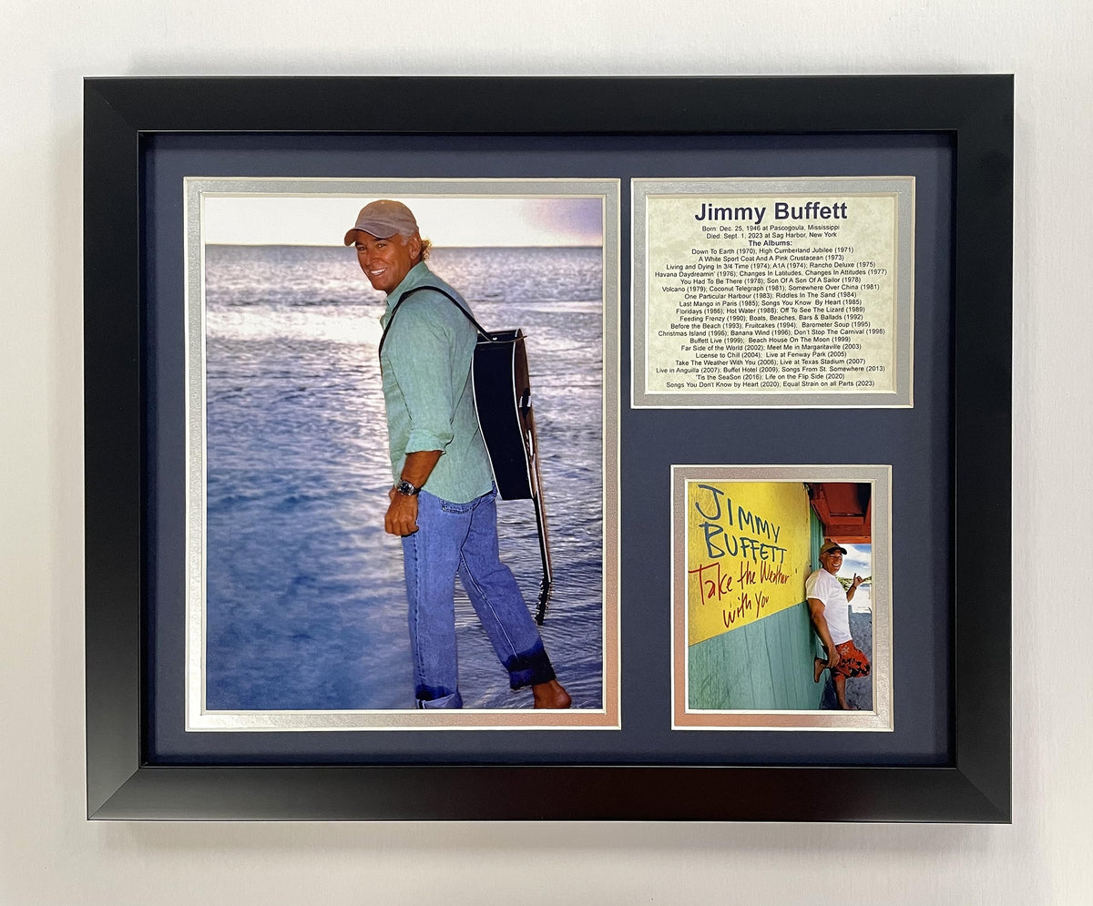 Legends Never Die front view of framed Jimmy Buffett collage showing ready-to-hang benefit