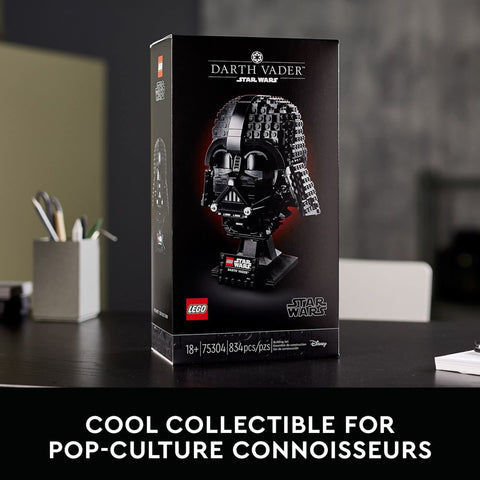 LEGO Darth Vader helmet styled on a shelf to enhance home decor and fandom display