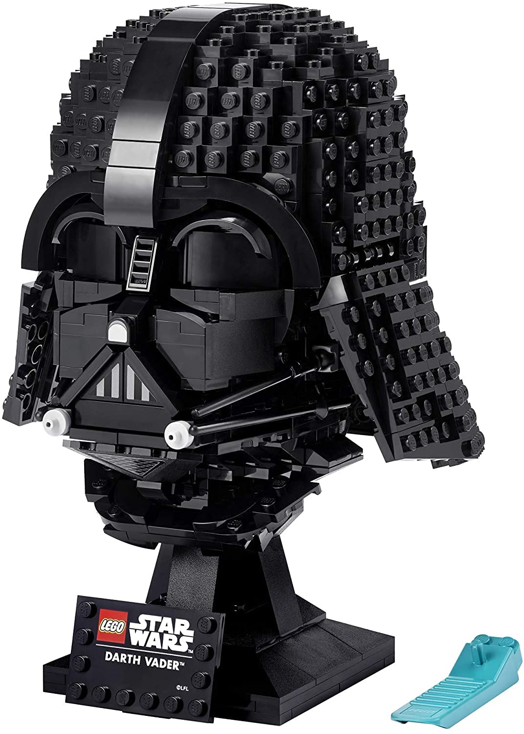 LEGO Darth Vader helmet nameplate detail with brand text for collector identification