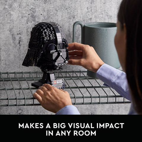 LEGO Darth Vader helmet next to a ruler showing scale and compact size benefit