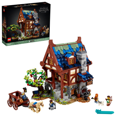 LEGO medieval blacksmith front elevation showing full three-level display and curb appeal