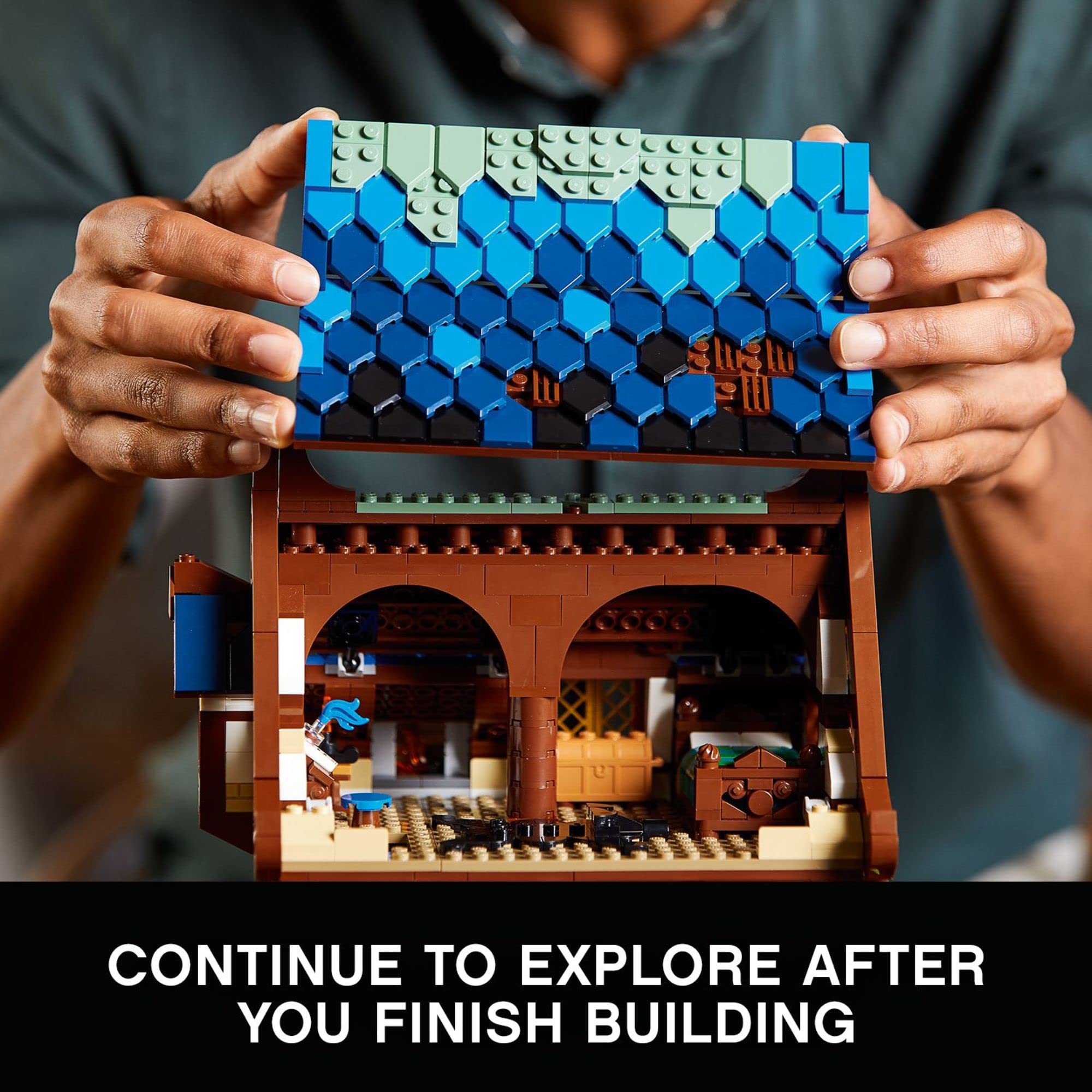 LEGO medieval blacksmith roof removed to show lift-off top levels for easy access