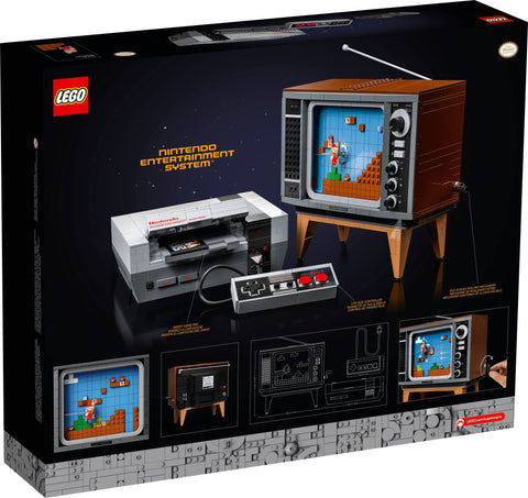 LEGO assembled console and TV in a room setting showing display value