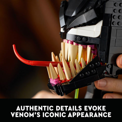 LEGO Venom jaw close-up showcasing dagger-like teeth detail