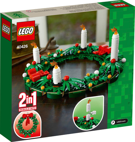 LEGO Iconic close-up of big red bow and textured greenery, highlights brick detail and realism