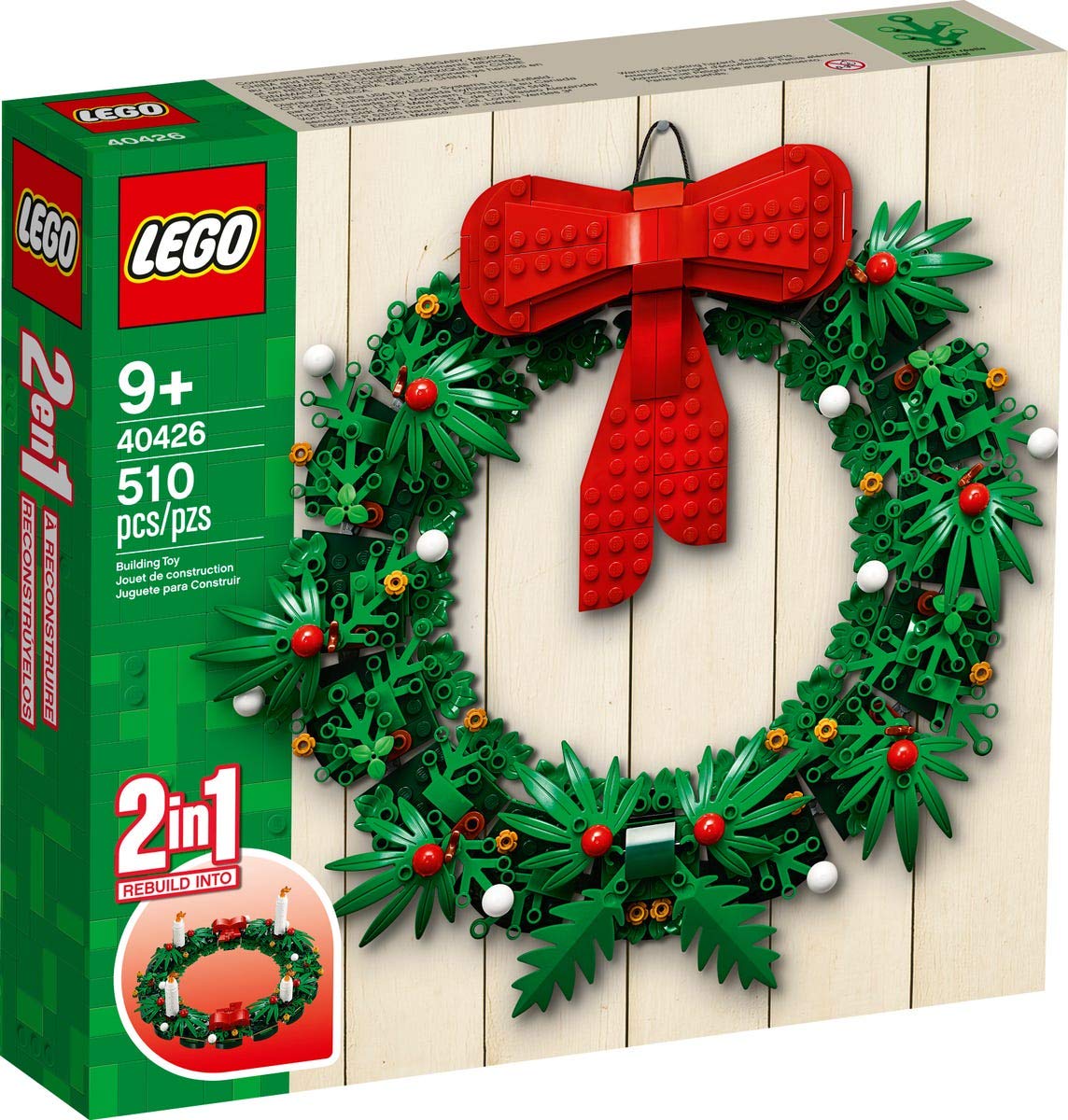 LEGO Iconic wreath front view showing bow and advent doors, perfect for festive display