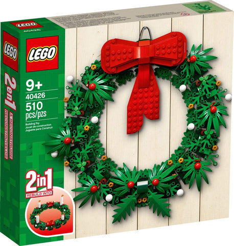 LEGO Iconic wreath front view showing bow and advent doors, perfect for festive display