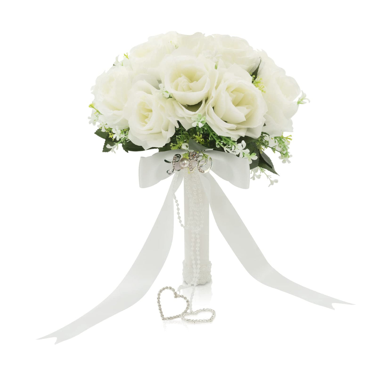 LEIFENY bouquet front view showing ivory roses and leafy balance