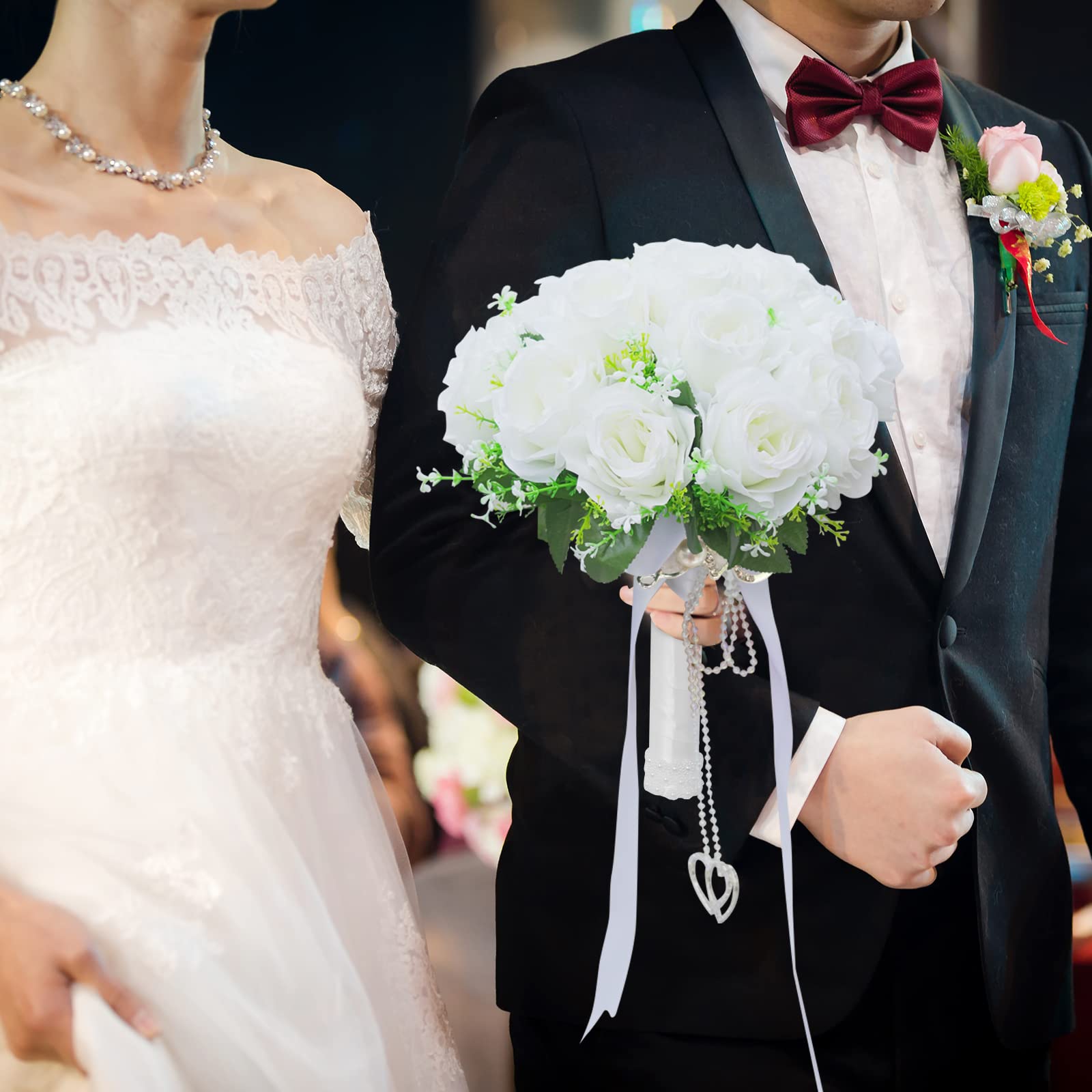 LEIFENY bouquet beside wedding dress showing styling coordination