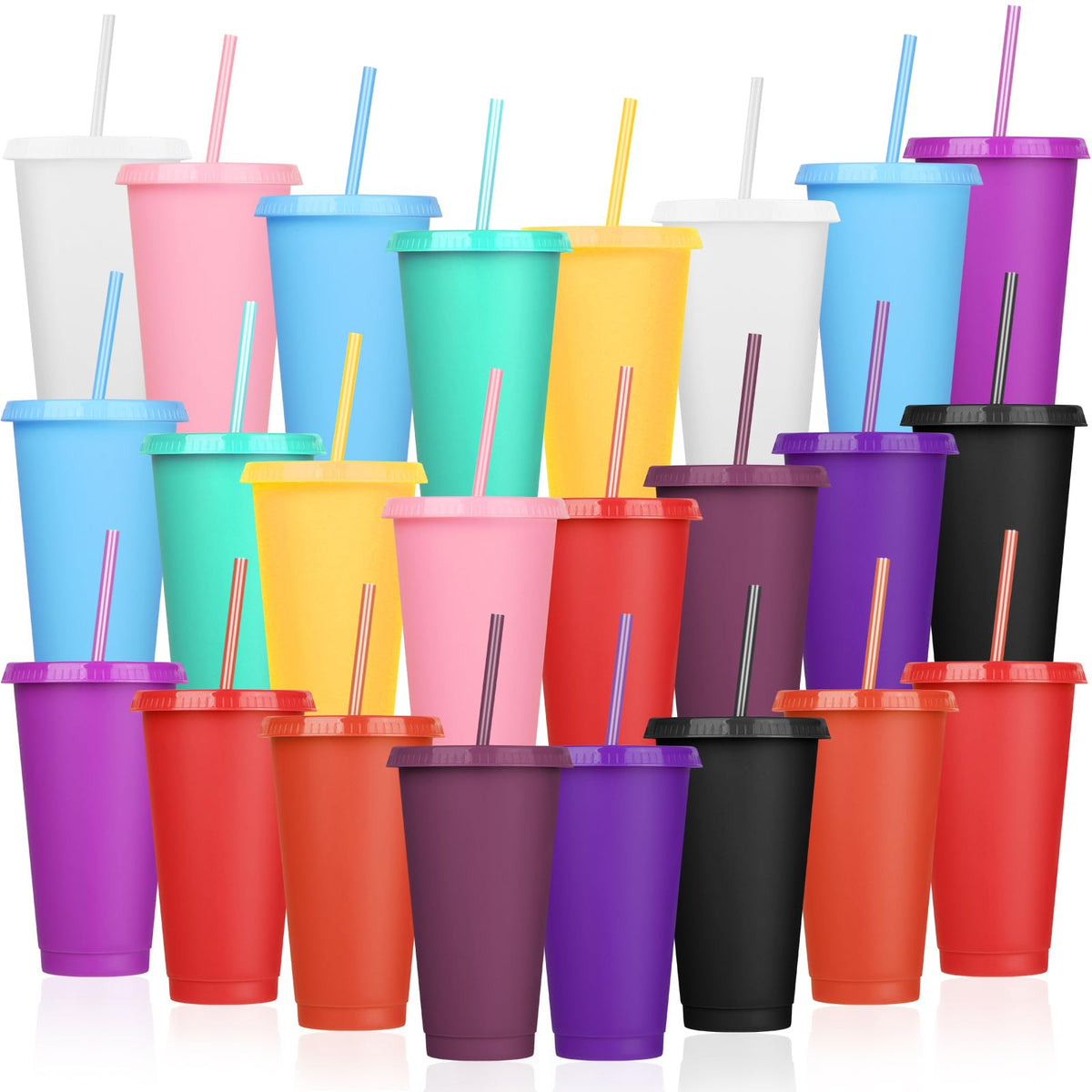 LEIFEOSH front view of 24-pack colorful tumblers showing full set and lids benefit: easy party prep