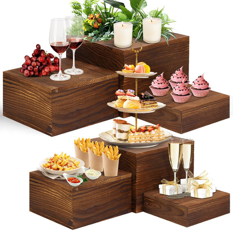 LEIFEOSH front view of six wooden risers showing rustic display benefit