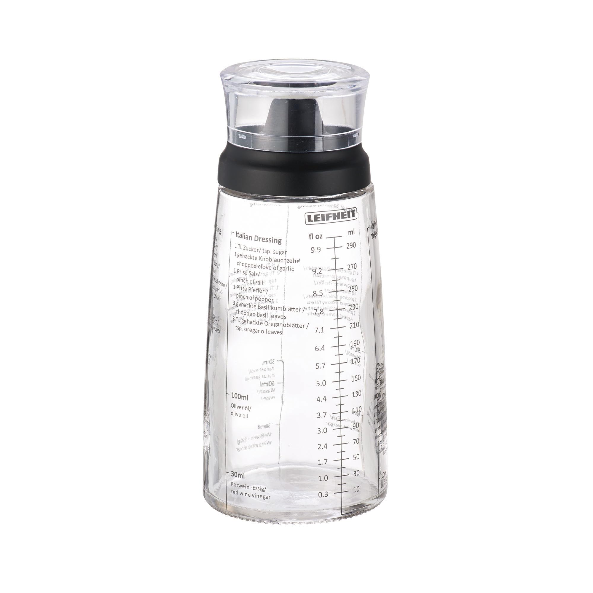 Leifheit bottle front view showing sleek glass and elegant black lid, promotes tidy serving