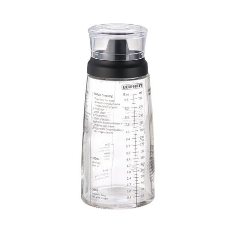 Leifheit bottle front view showing sleek glass and elegant black lid, promotes tidy serving
