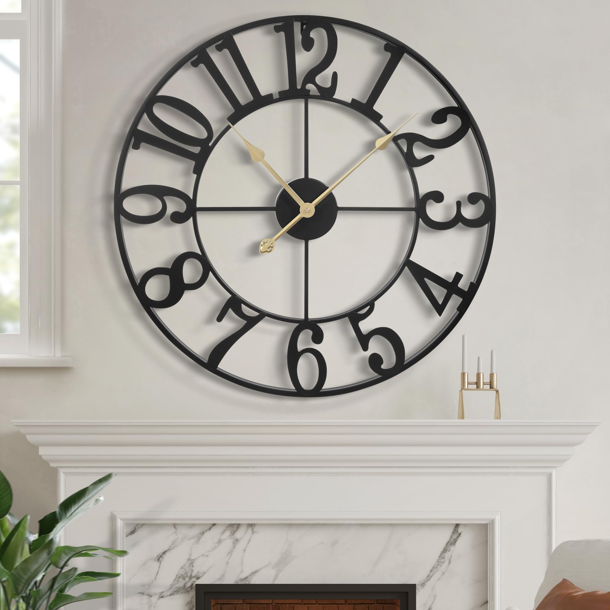 LEIKE front view of 24-inch black metal clock showing Arabic numerals and retro style benefit clear time reading