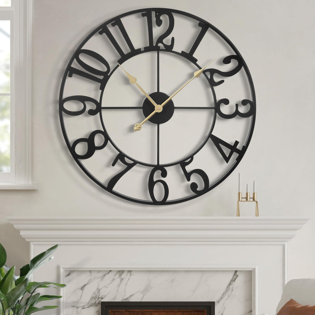 LEIKE front view of 24-inch black metal clock showing Arabic numerals and retro style benefit clear time reading