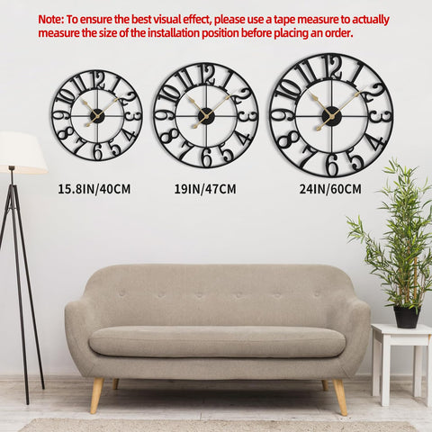 LEIKE clock mounted above mantel in living room adding decorative focal point and quiet timekeeping