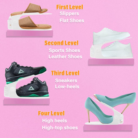 LEIMO KPARTS assembled stackers on a closet shelf maximizing vertical shoe space and visibility