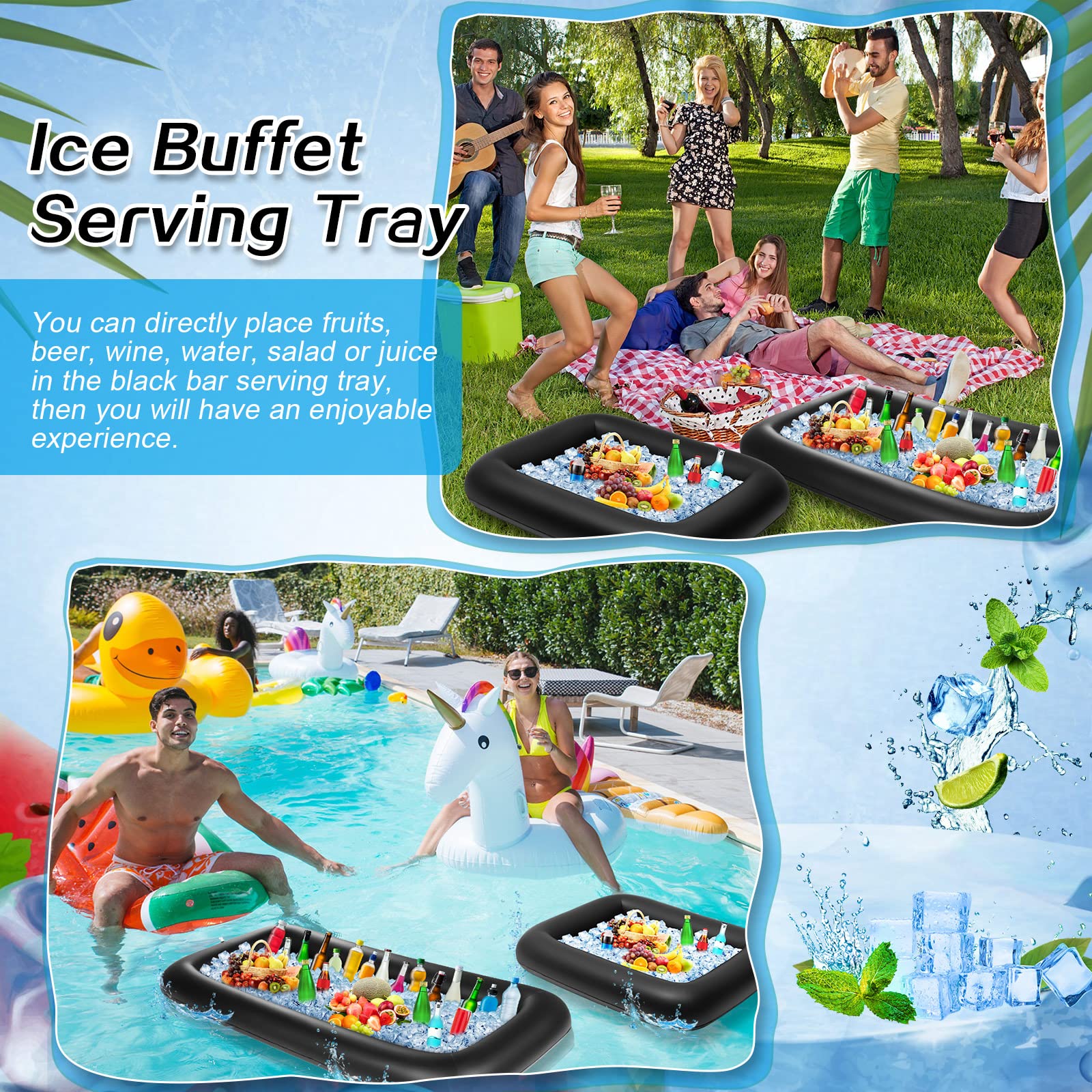 Leitee inflatable cooler in use poolside holding drinks and ice for convenient serving