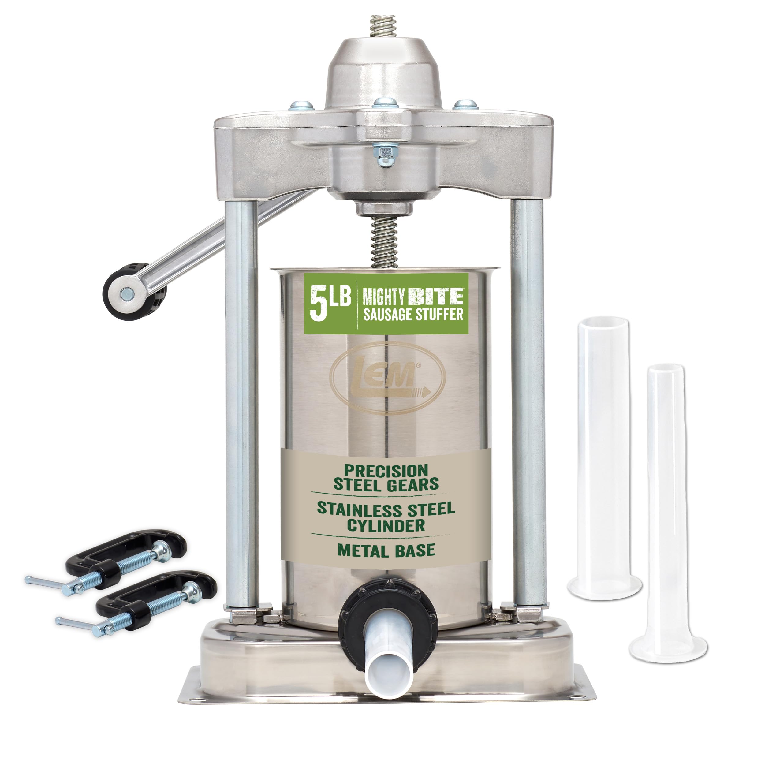 LEM MightyBite front view showing stainless steel body and compact footprint for durable performance