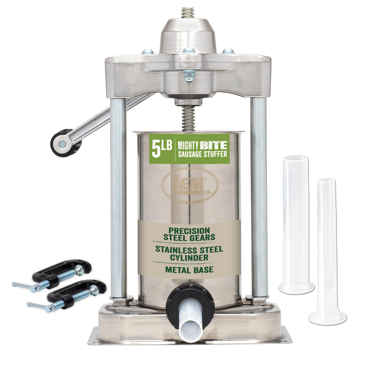 LEM MightyBite front view showing stainless steel body and compact footprint for durable performance
