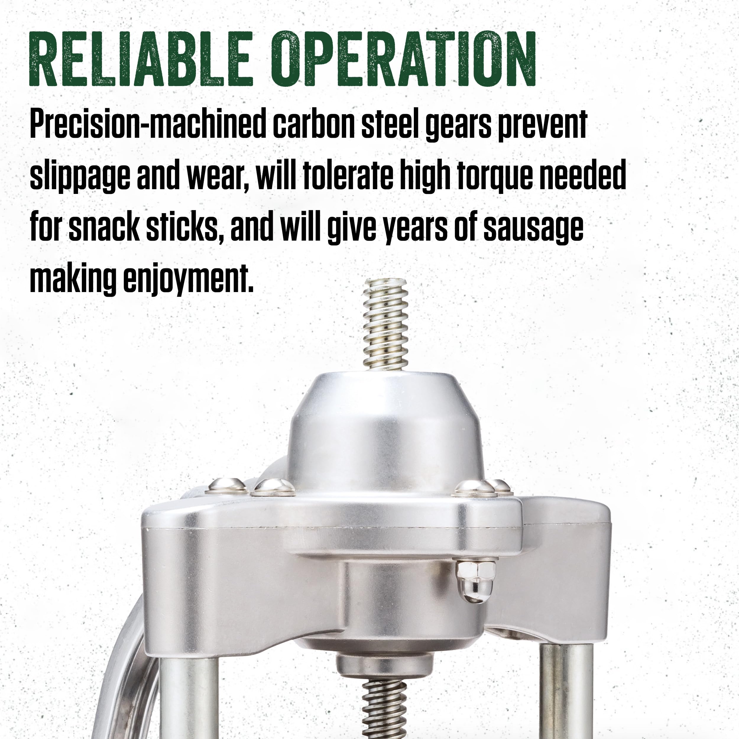 LEM MightyBite gearbox with protective cover showing guarded gears for cleaner operation and longevity