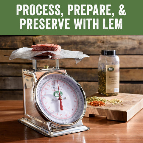 LEM scale weighing large bowl to illustrate capacity for big-batch cooking and prepping