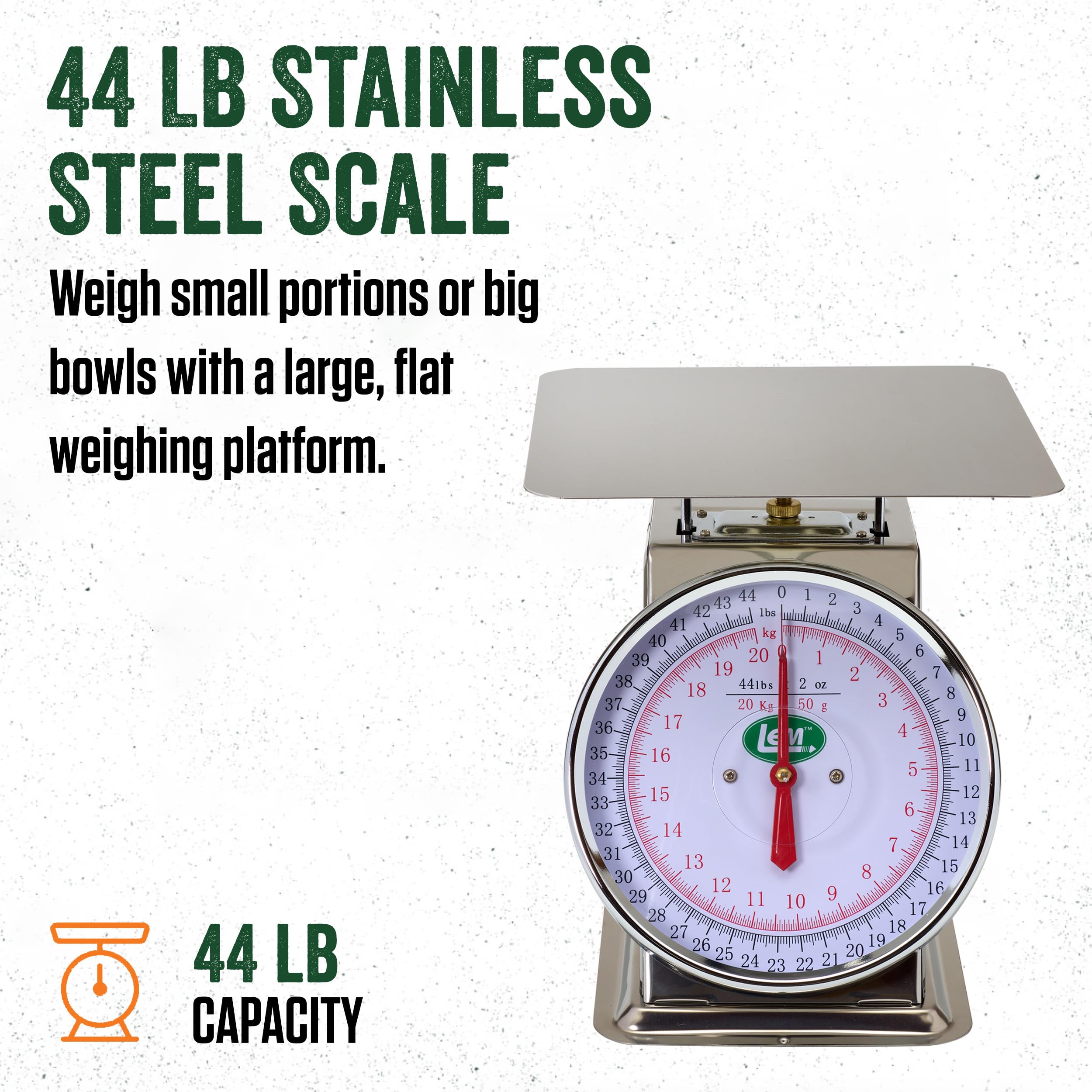 LEM stainless platform close-up highlighting durable surface for easy cleaning and heavy loads