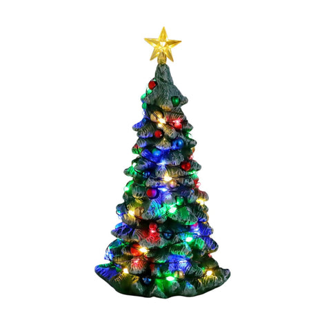 Lemax front view snowy tree showing scale and festive detail benefits display realism