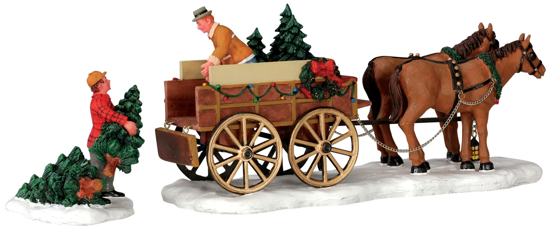 Lemax front view of two figurines loading trees, adding nostalgic village charm