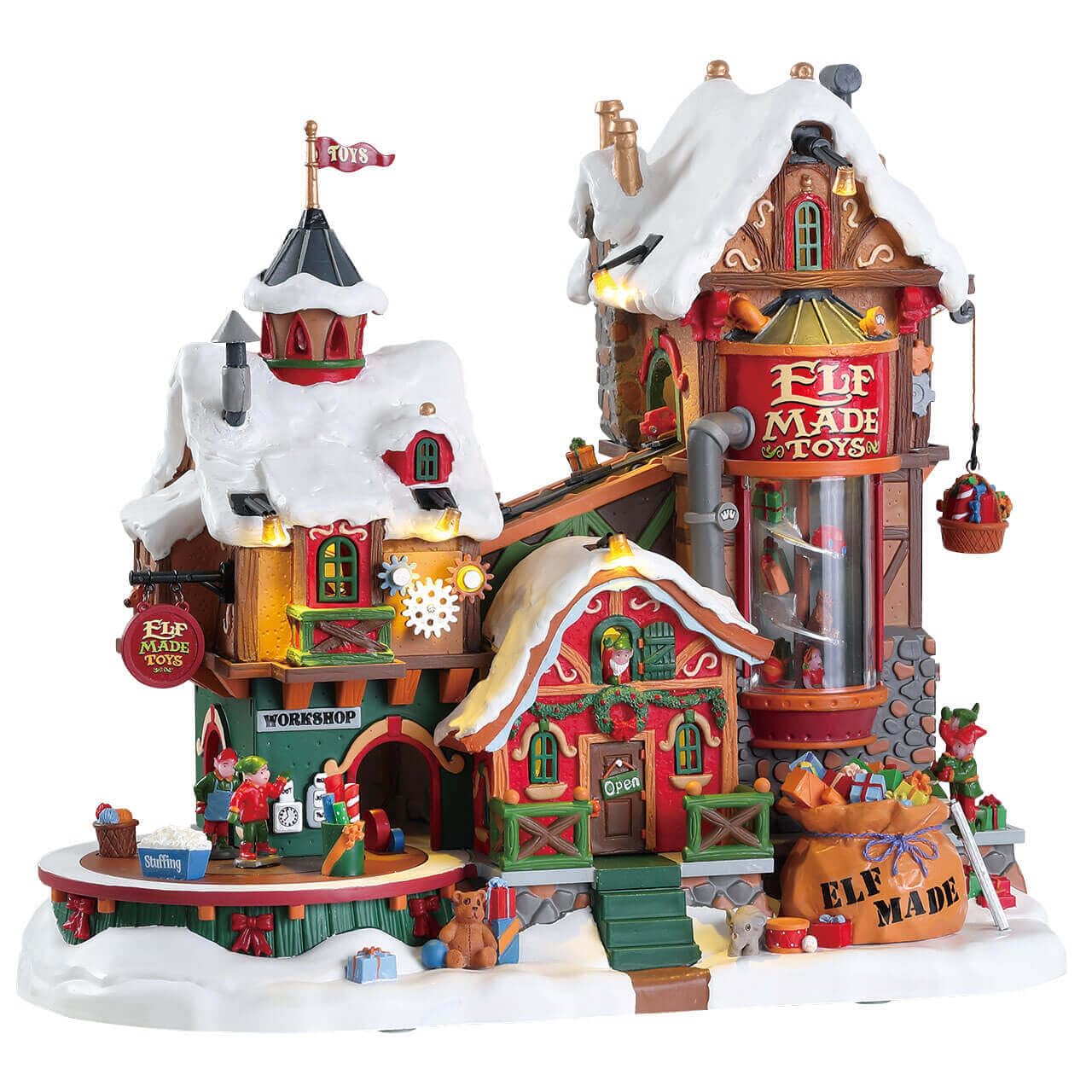 Lemax Elf Made Toy Factory front view showing animated exterior and festive lighting benefit