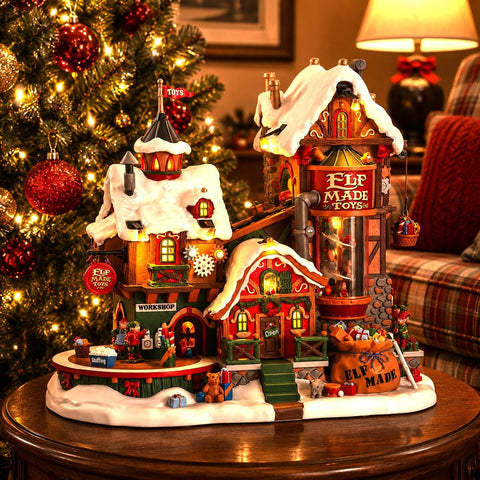 Lemax Elf Made Toy Factory in-use on village display demonstrating motion and ambiance
