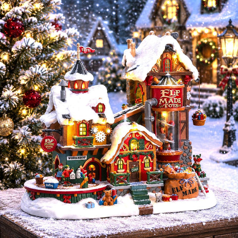 Lemax Elf Made Toy Factory interior detail close-up showing moving parts and visual interest