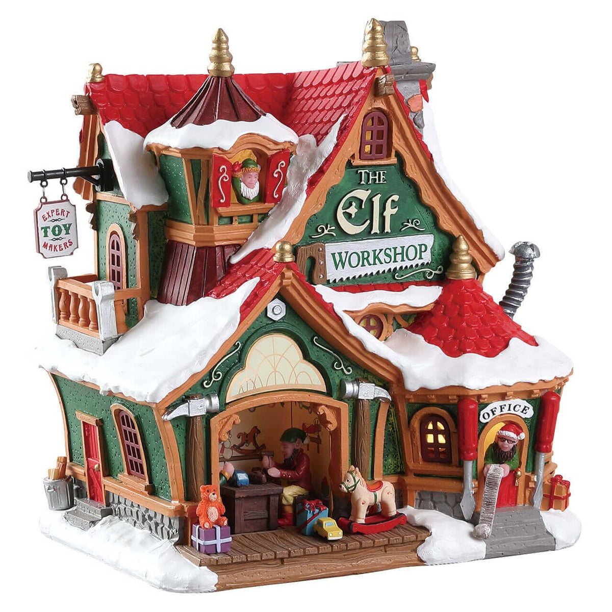 Lemax Elf Workshop front view showing lit windows and colorful facade for festive impact