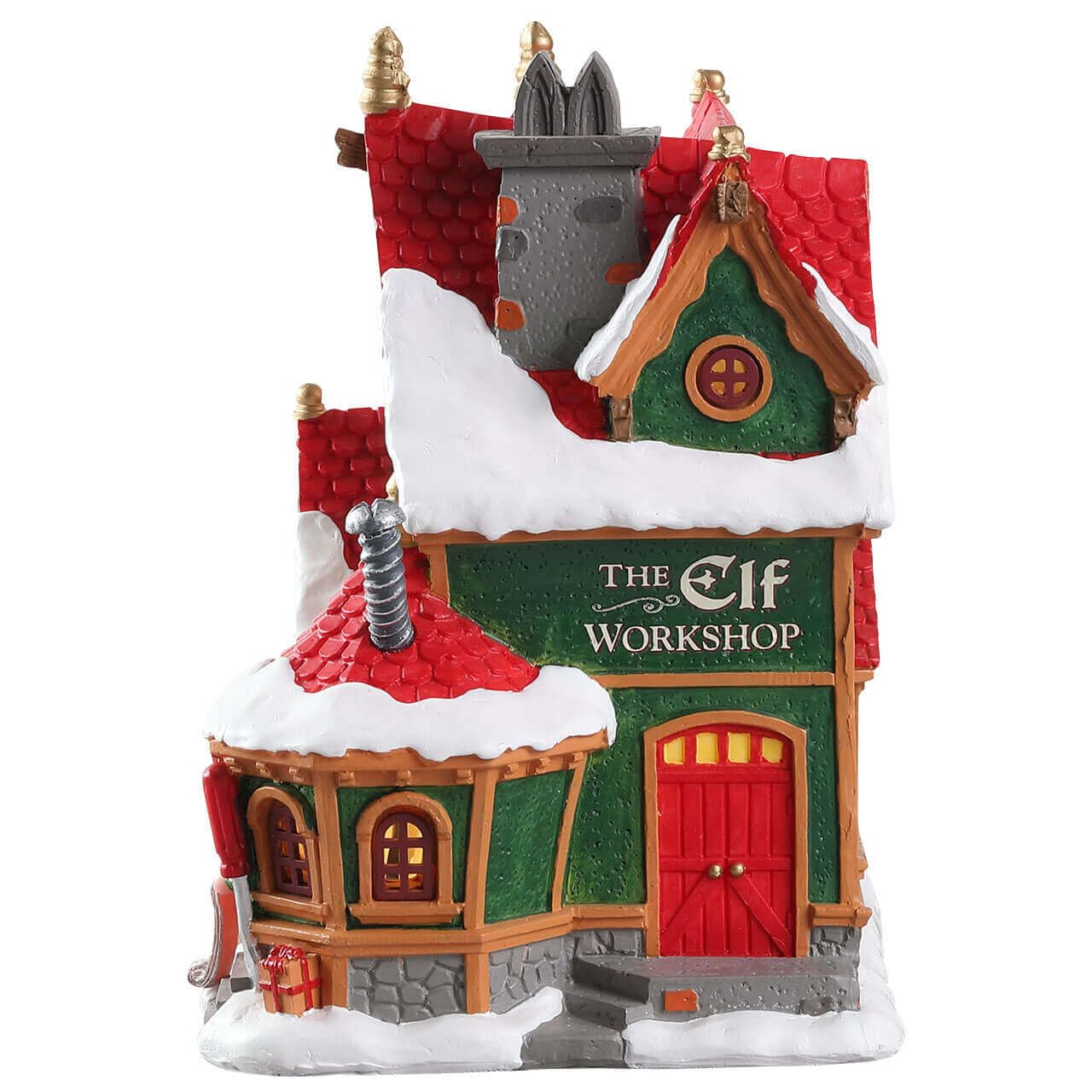 Lemax Elf Workshop interior detail with painted figures and warm light enhancing realism