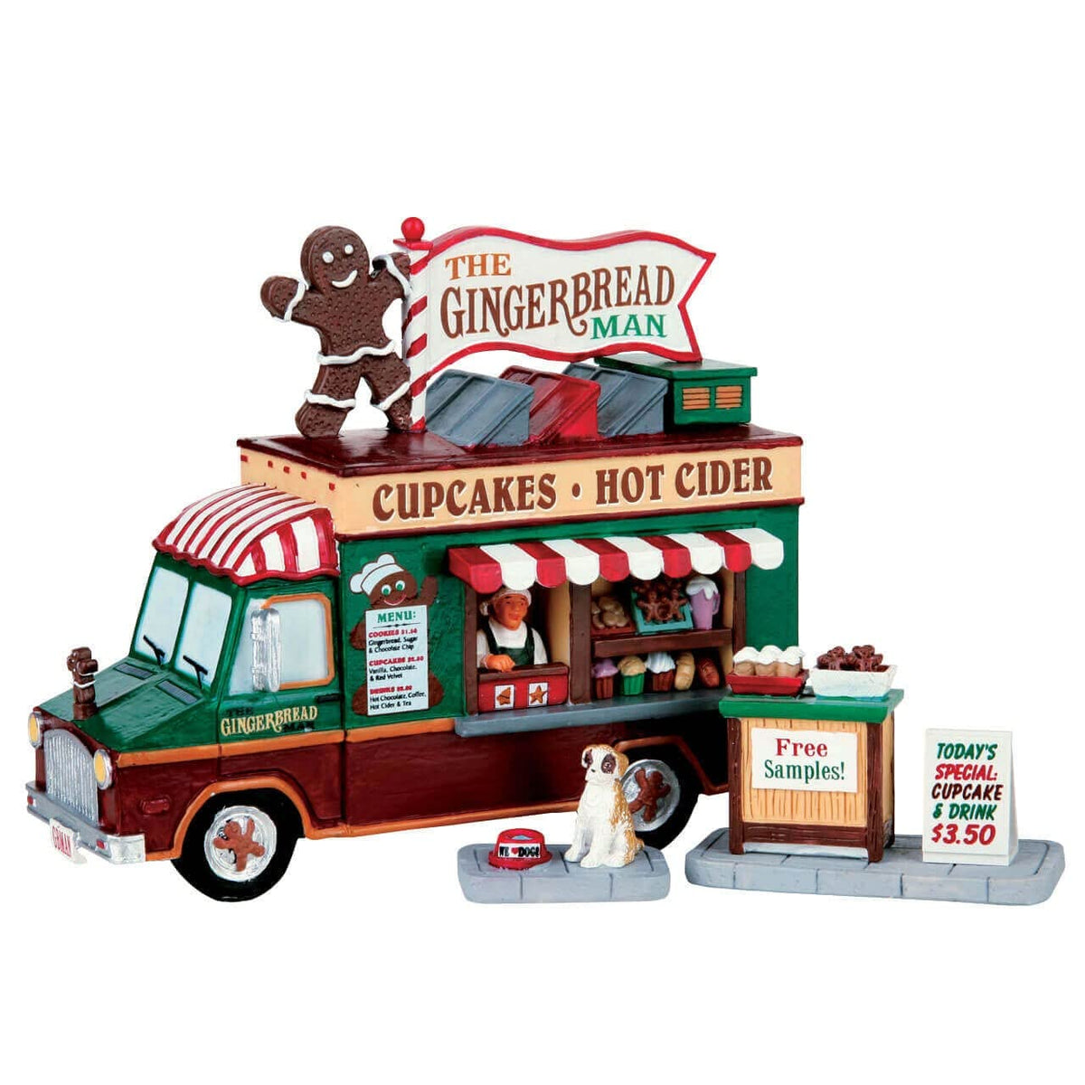Lemax gingerbread man food truck front view showing hand-painted sign and festive appeal