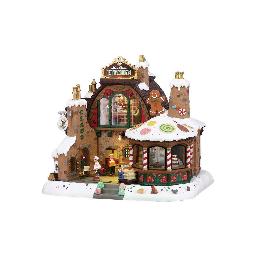 Lemax Mrs. Claus Kitchen front view showcasing lights and animated scene benefit ambience