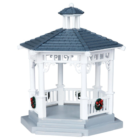 Lemax plastic gazebo front view showing festive wreaths and decorative detail
