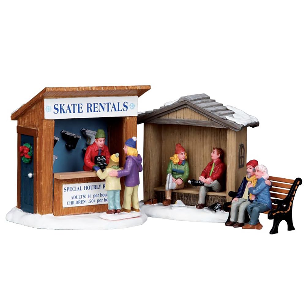 Lemax skate rentals front view showing three rental stands and festive signage, enhances village realism