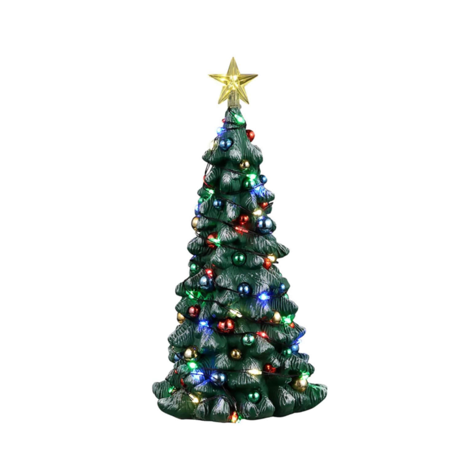Lemax tree illuminated in village scene providing warm ambiance for displays